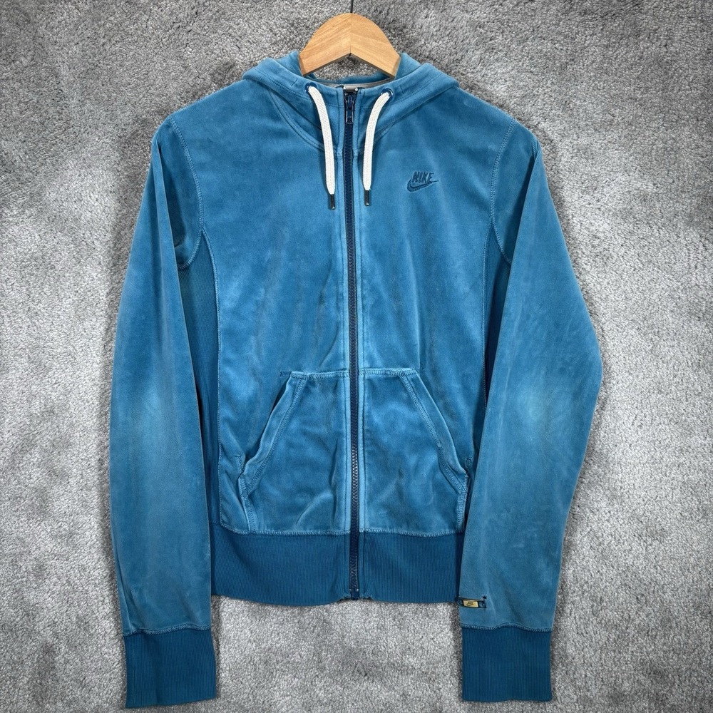 Vintage‎ Nike Sportswear Hoodie Womens S Full Zip Teal Green Velour Velvet Y2K